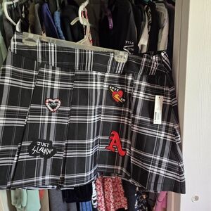 Black Plaid Skirt with Patches